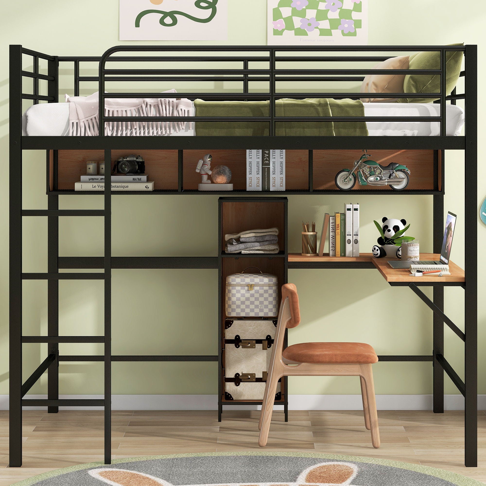 Full Size &amp; Loft Bed With L-Shaped Desk And Shelves - Black