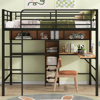 Full Size &amp; Loft Bed With L-Shaped Desk And Shelves - Black