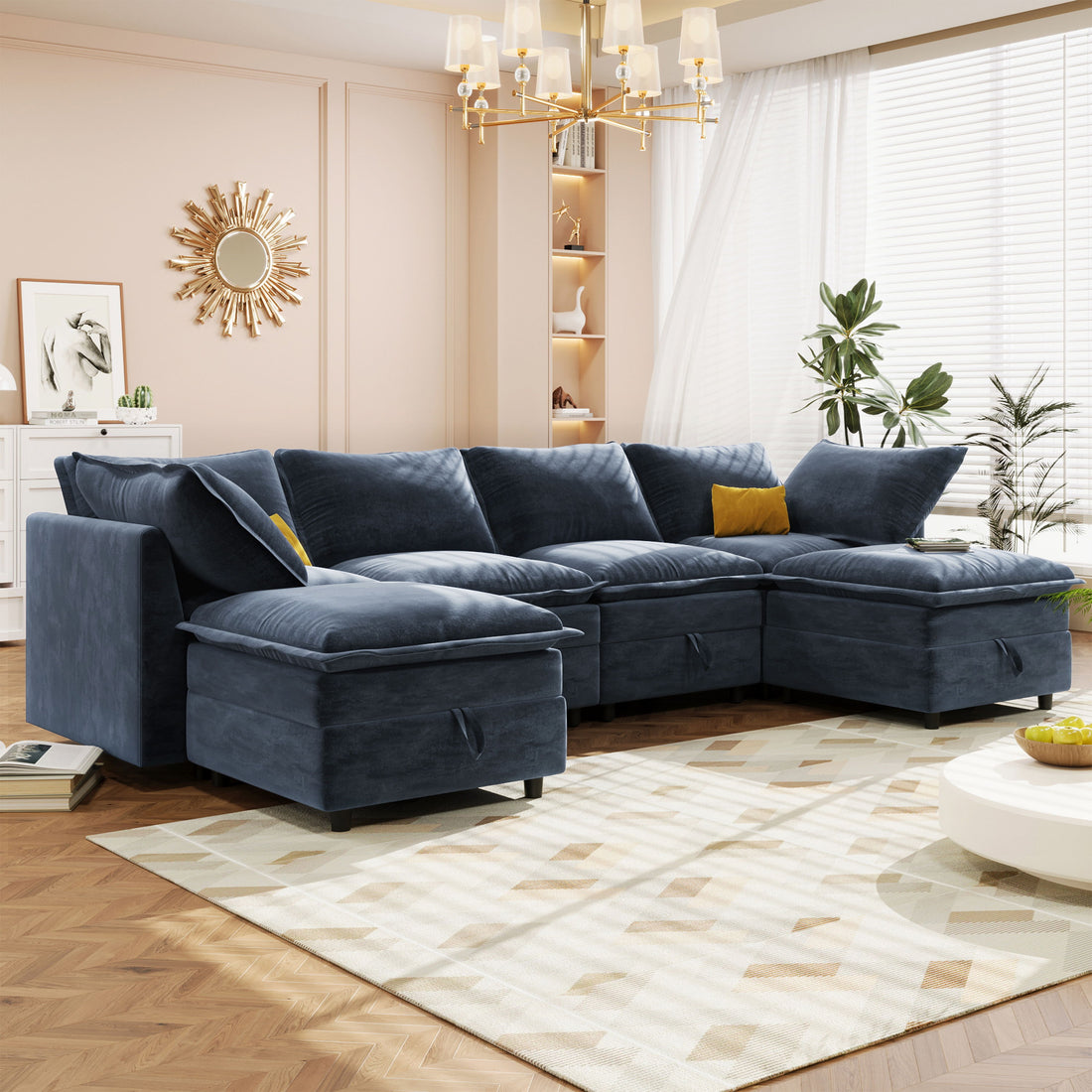 Versatile 6 Piece Modular Sofa Bed With Storage, Stylish Faux Double Layer Cushions, Comfortable &amp; Durable Design, Perfect For Any Living Space