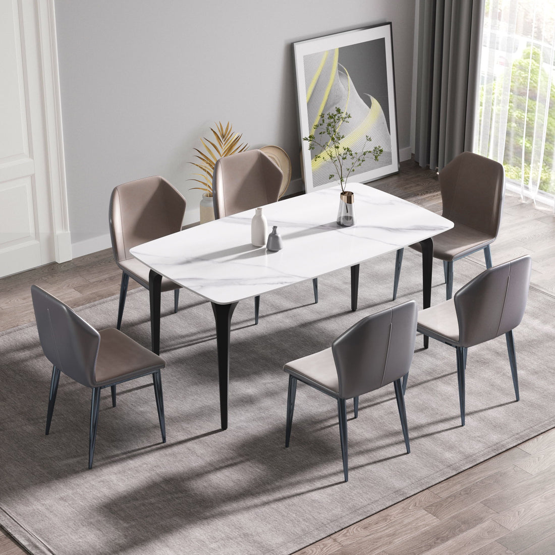 63&quot; Modern Artificial Stone White Curved Black Metal Leg Dining Table, 6 People - White
