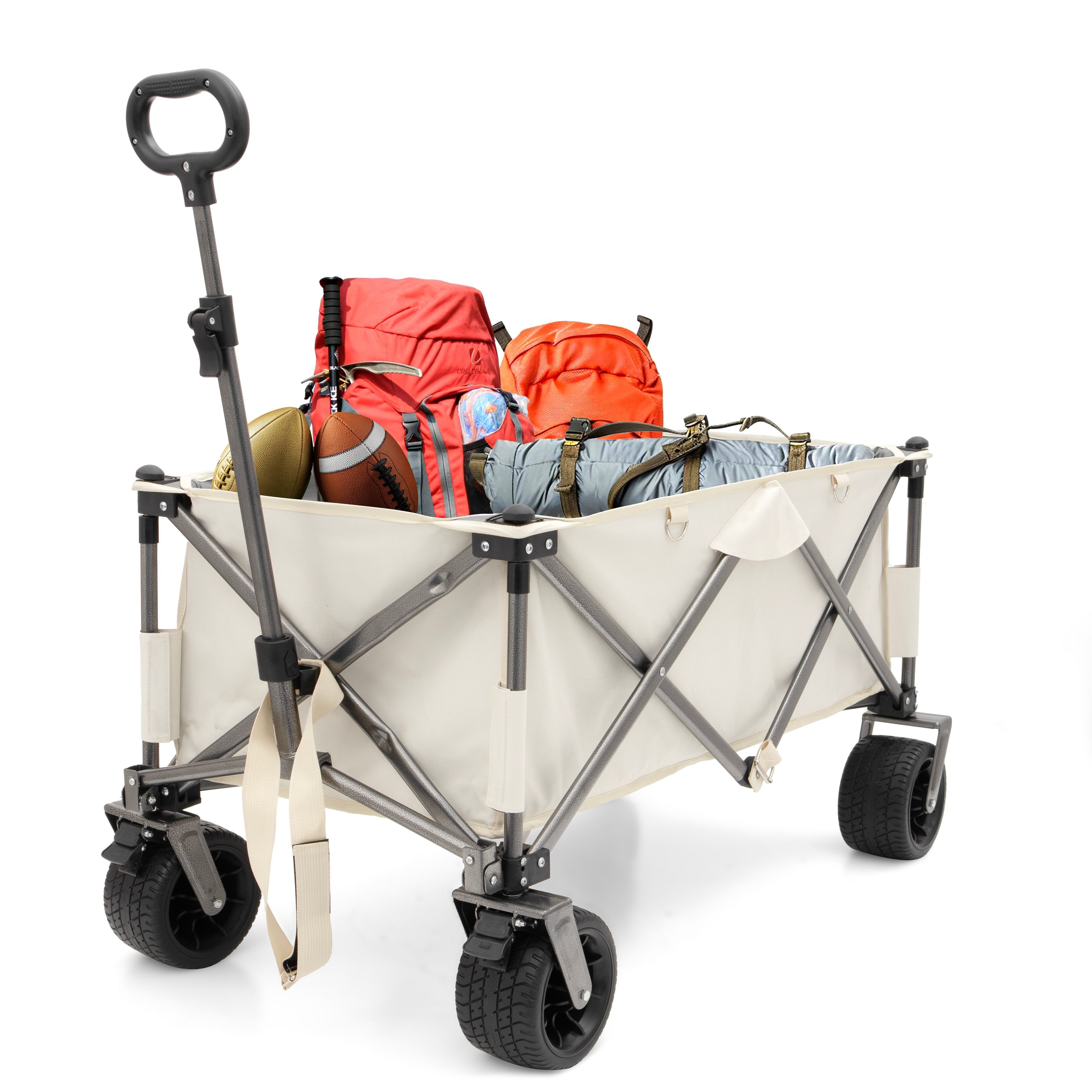 Aluminum Alloy Folding Wagon, Heavy Duty Utility Beach Wagon Cart For Sand With Big Wheels, Adjustable Handle &amp; Drink Holders For Shopping, Camping, Garden And Outdoor