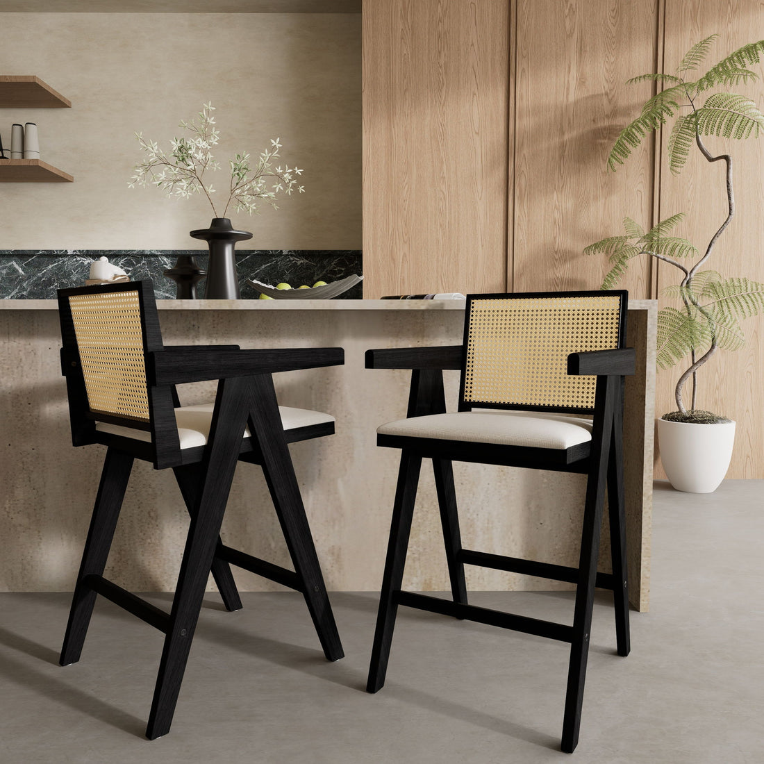 Woven Cane Plastic Backrest Bar Stool Foam Padded Fabric Seat &amp; Durable Rubberwood Frame - Cream Gray