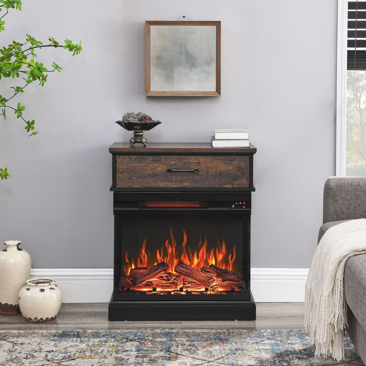 25&quot; Stand Side Table With 3-Sided Glass Electric Fireplace - Antique Black