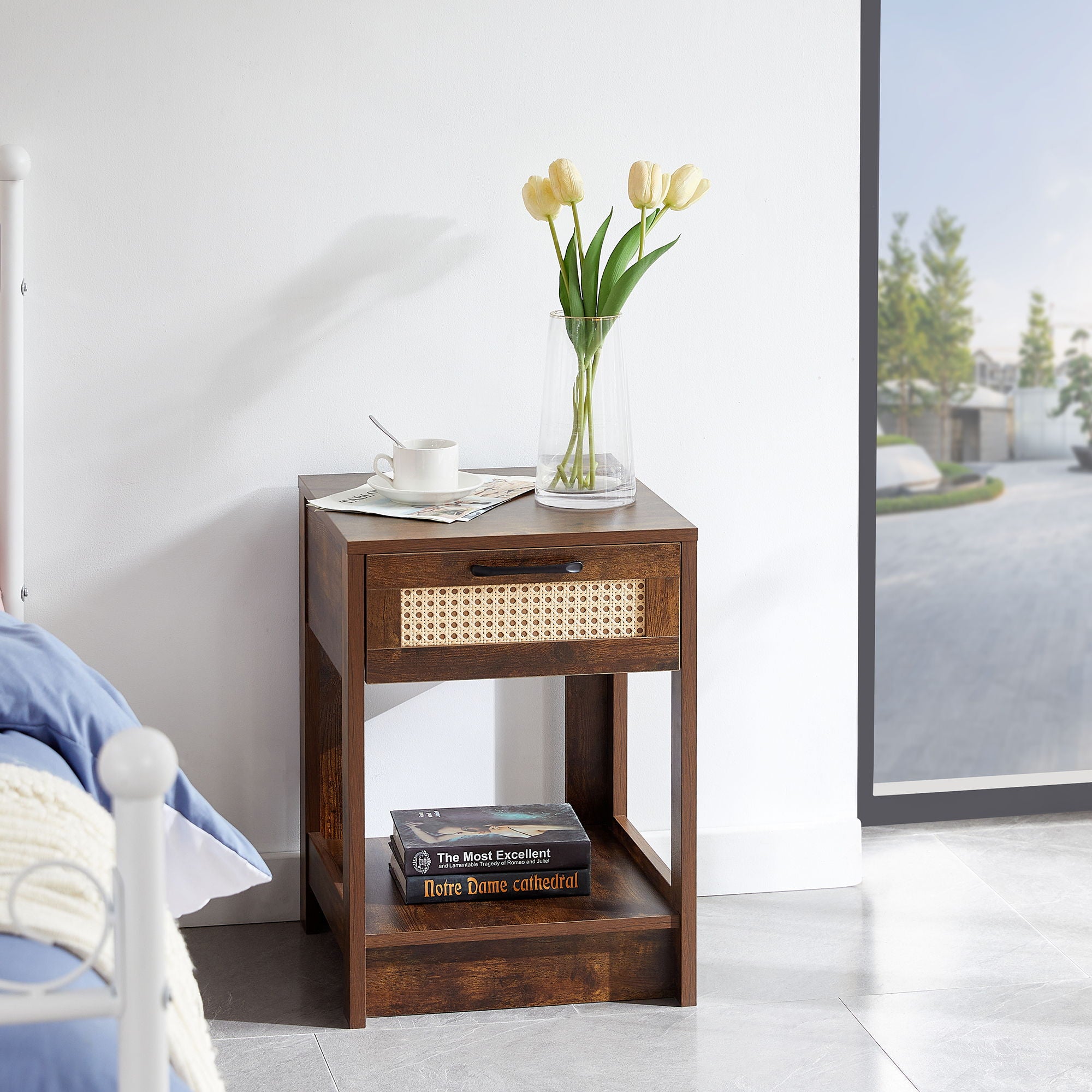 15.75&quot; Rattan End Table With Drawer, Modern Nightstand, Side Table For Living Room, Bedroom