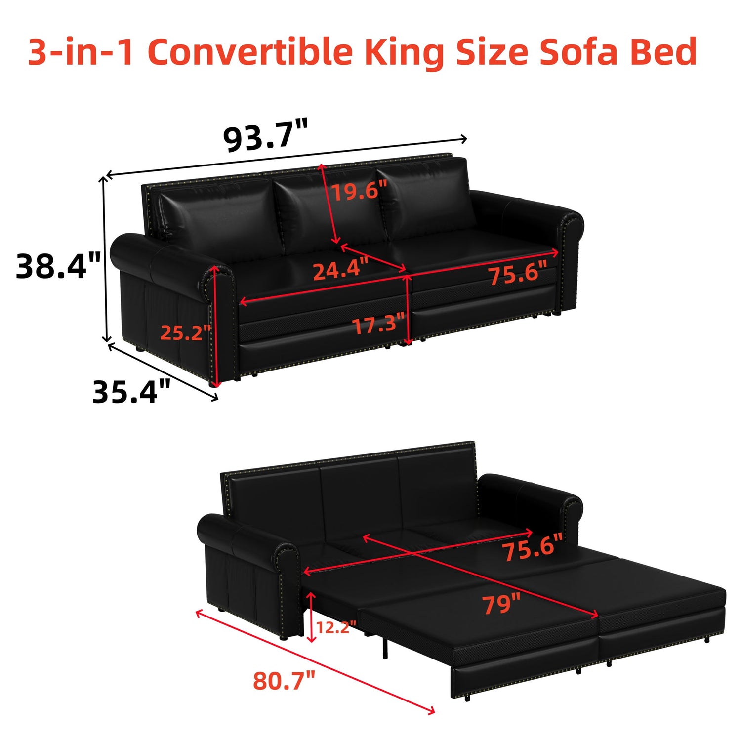 3 In 1 Convertible Sleeper Sofa With Nailhead Trim &amp; Rolled Arm