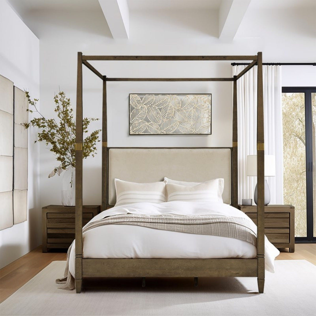 Queen Canopy Bed Frame With Upholstered Headboard - Brown