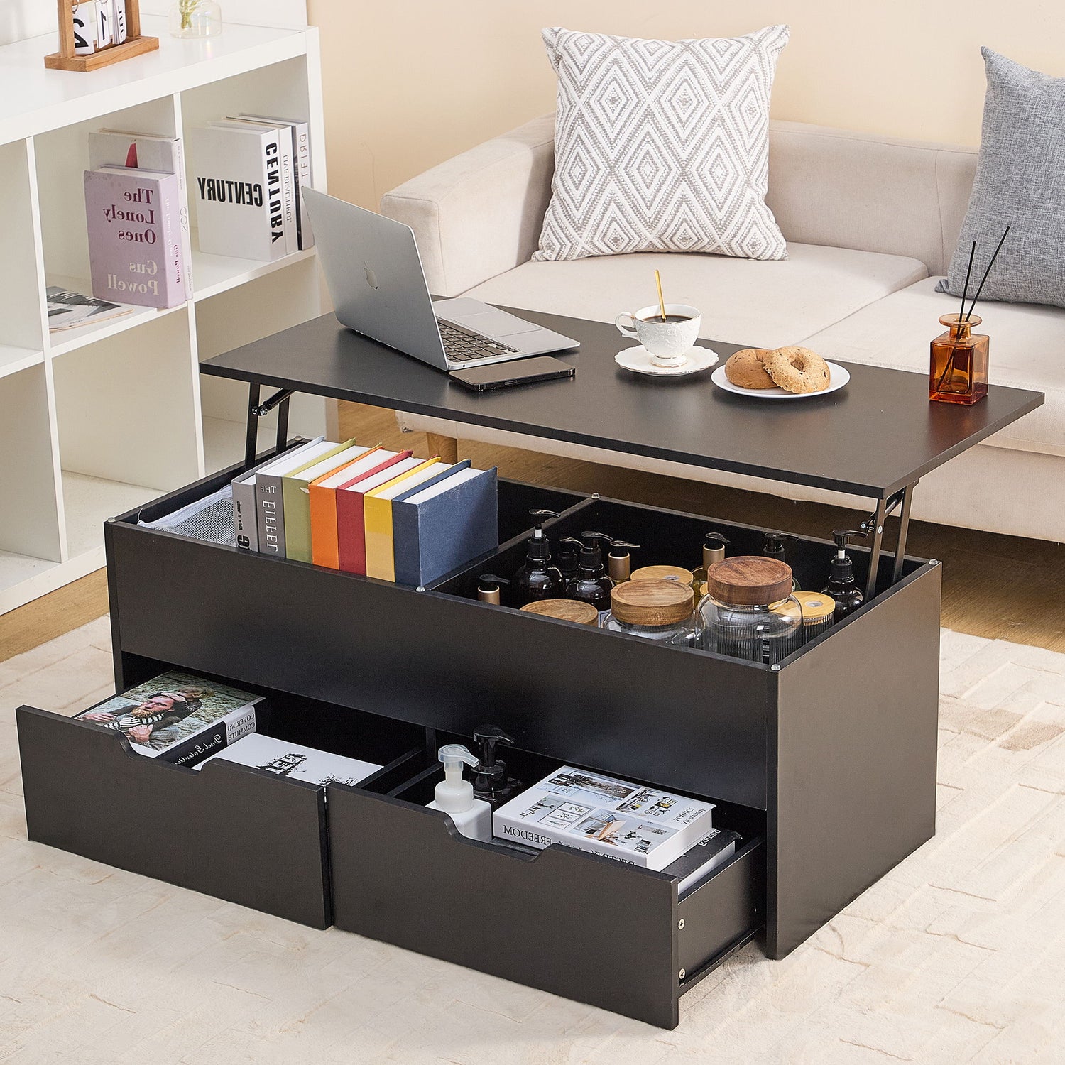 Lift-Top Coffee Table With Storage Center Tables Hidden Compartment &amp; 2 Drawers, Sofa Table For Living Room - Black