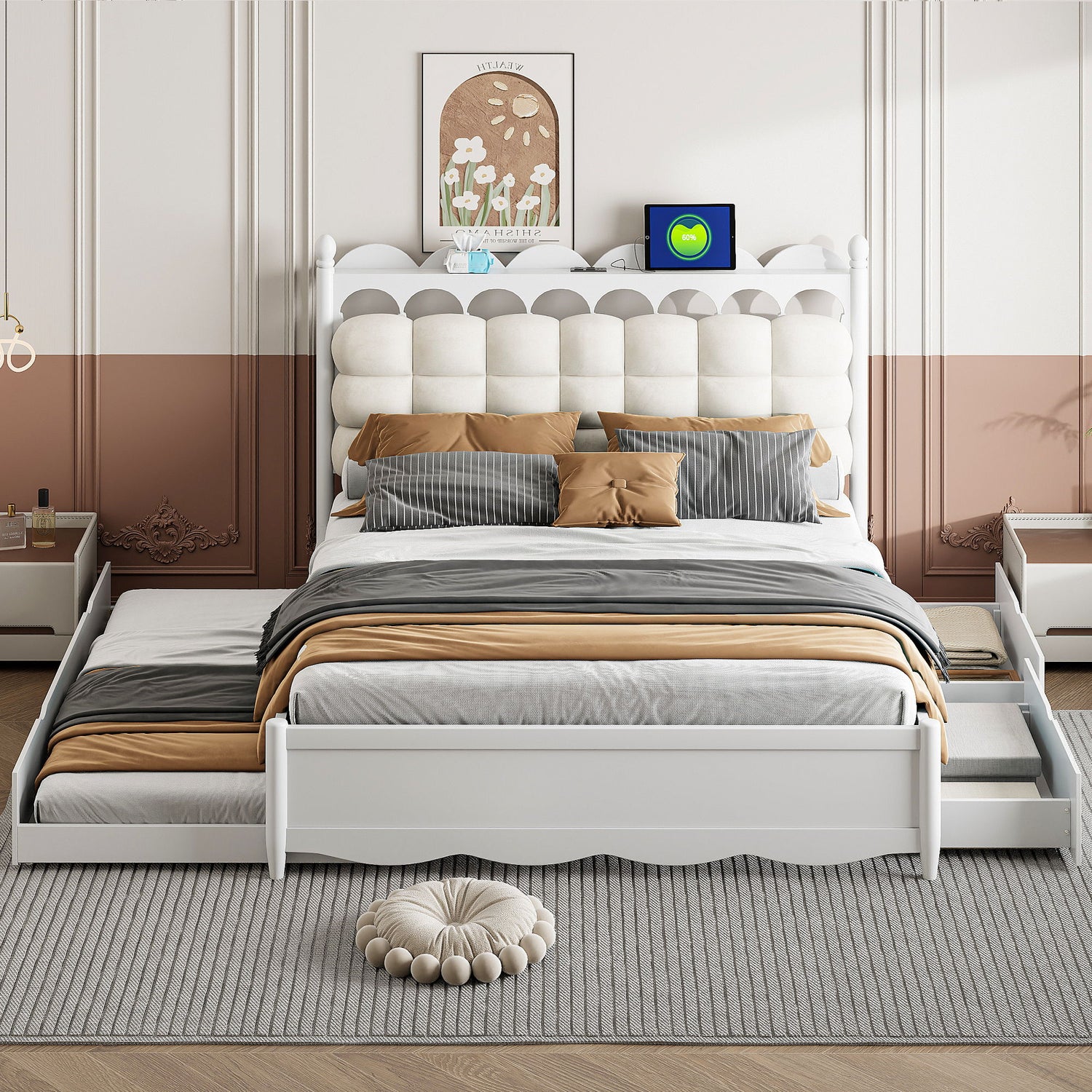 Storage Platform Bed, With 2 Big Drawers, Trundle, One Set Of Sockets &amp; USB Ports