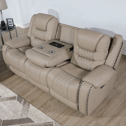 Power Reclining Sofa With USB Ports, Drop Down Table &amp; Adjustable Headrest - Toffee