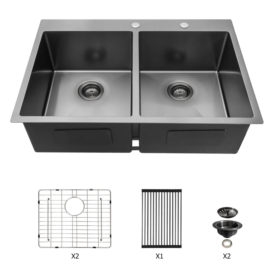 Double Bowl Drop In Kitchen Sink 33&quot; X 22&quot; With 16 Gauge Stainless Steel And 2 10&quot; Deep Basins - Gunmetal Black