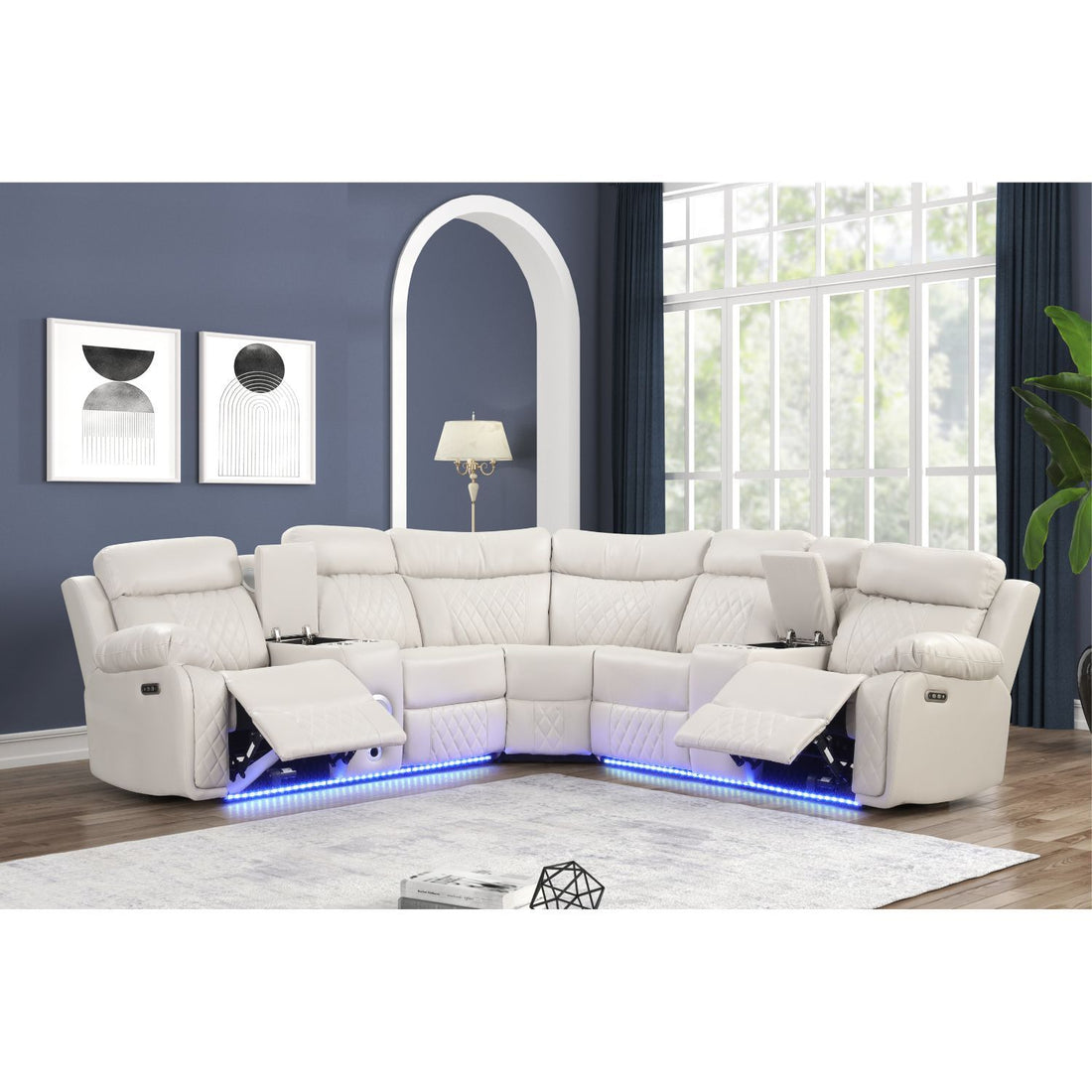 Lacrosse - Power Reclining Sectional Sofa &amp; Bluetooth Speakers, LED Lights, Console Storage, Cup Holders And USB Charging - Beige