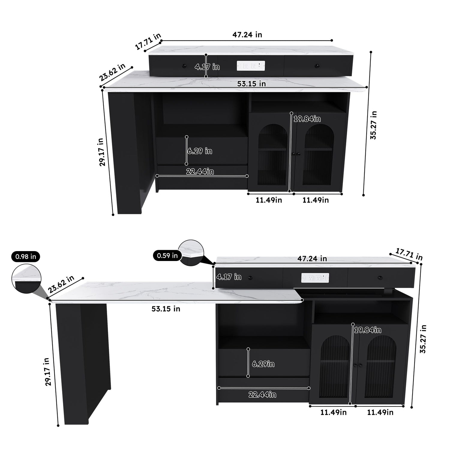 Kitchen Island With Extendable Rotating Table, 4 Drawers &amp; Glass Door Cabinets, Built In Socket - Black