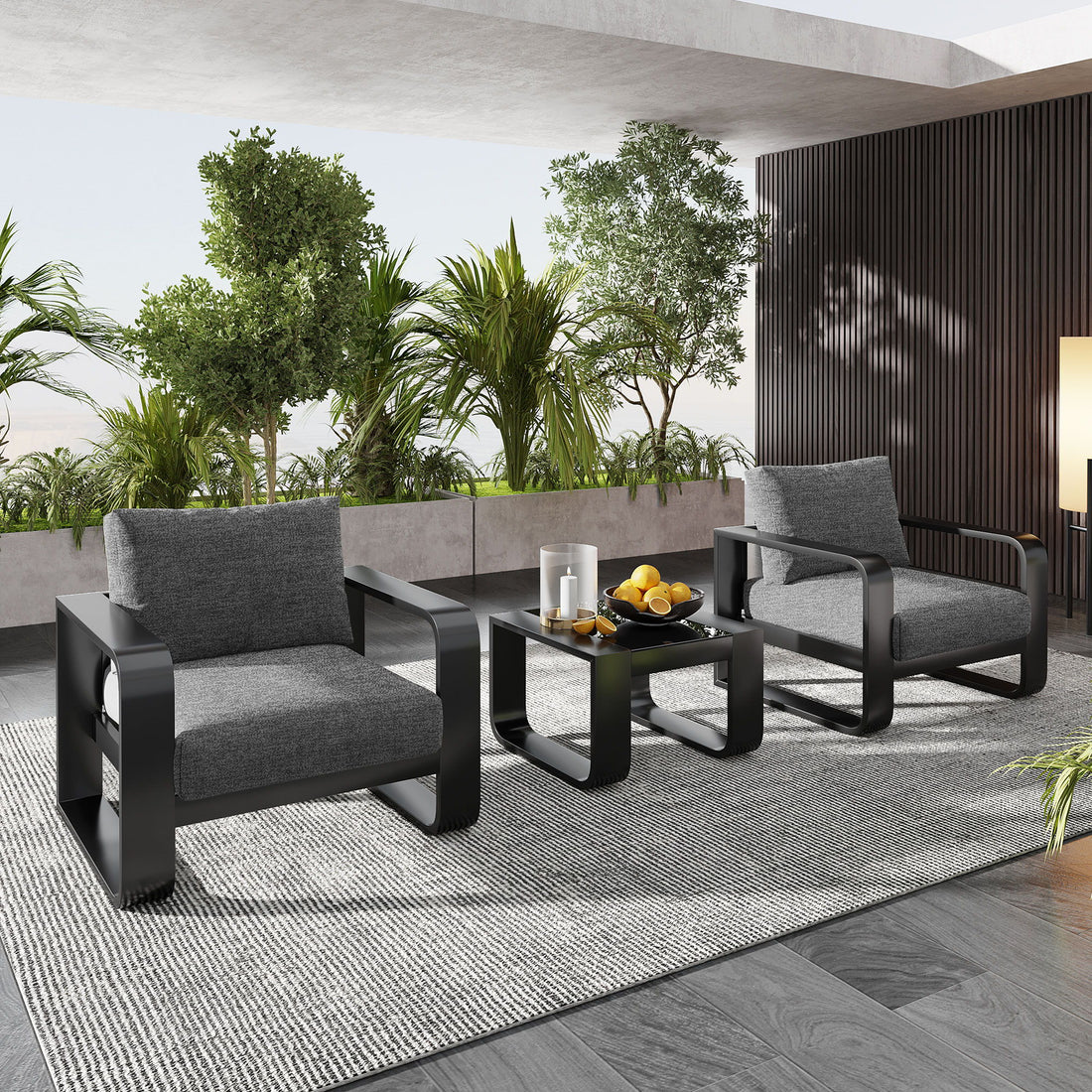 3 Piece Aluminum Frame Patio Furniture With 6.7&quot; Thick Cushion And Coffee Table, All Weather Use Olefin Fabric Outdoor Chair - Gray / Black