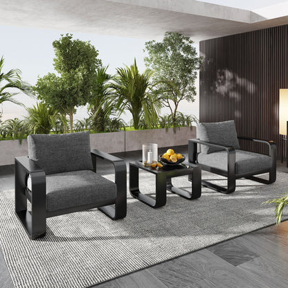 3 Piece Aluminum Frame Patio Furniture With 6.7&quot; Thick Cushion And Coffee Table, All Weather Use Olefin Fabric Outdoor Chair - Gray / Black