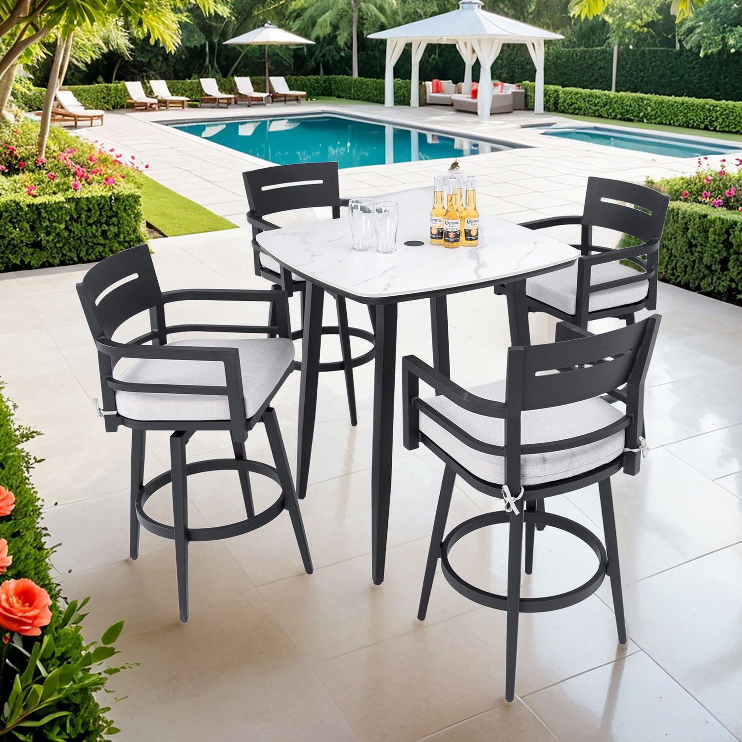 Modern Outdoor Patio Bar Set, Rounded Square Table &amp; Bar Chairs, Non Rust Frame, Tapered Legs, Sunbrella Cushion