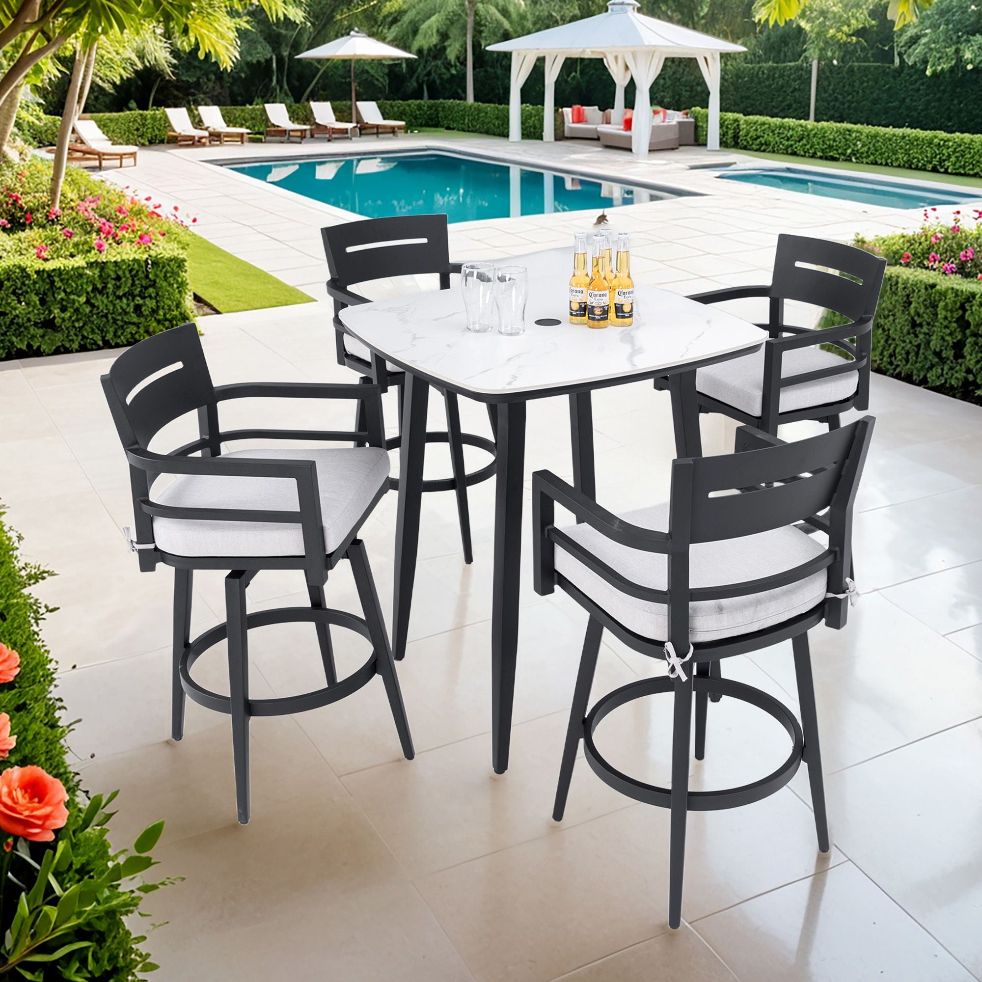 Modern Outdoor Patio Bar Set, Rounded Square Table &amp; Bar Chairs, Non Rust Frame, Tapered Legs, Sunbrella Cushion