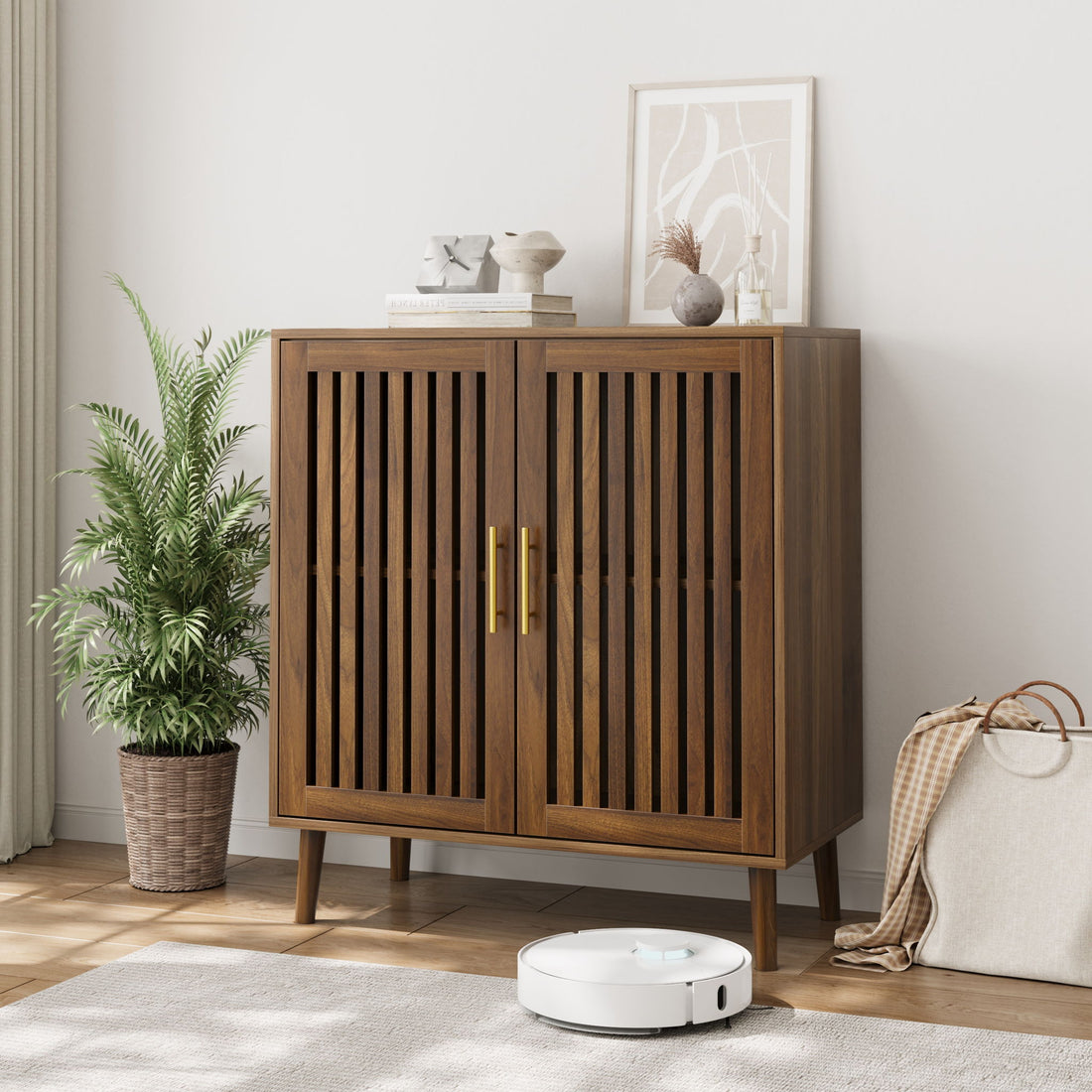 Farmhouse Sideboard Buffet Cabinet With Louvered Doors, Wood Coffee Bar Storage For Kitchen &amp; Living Room - Walnut