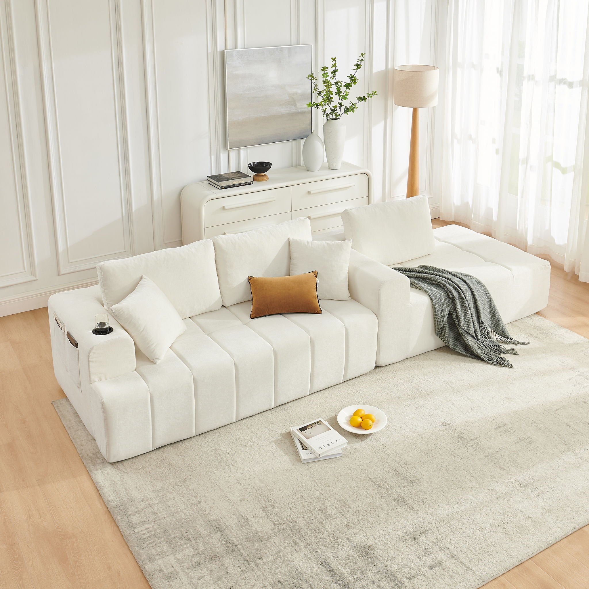L - Shaped Sectional Sofa With Cup Holders &amp; Side Pockets