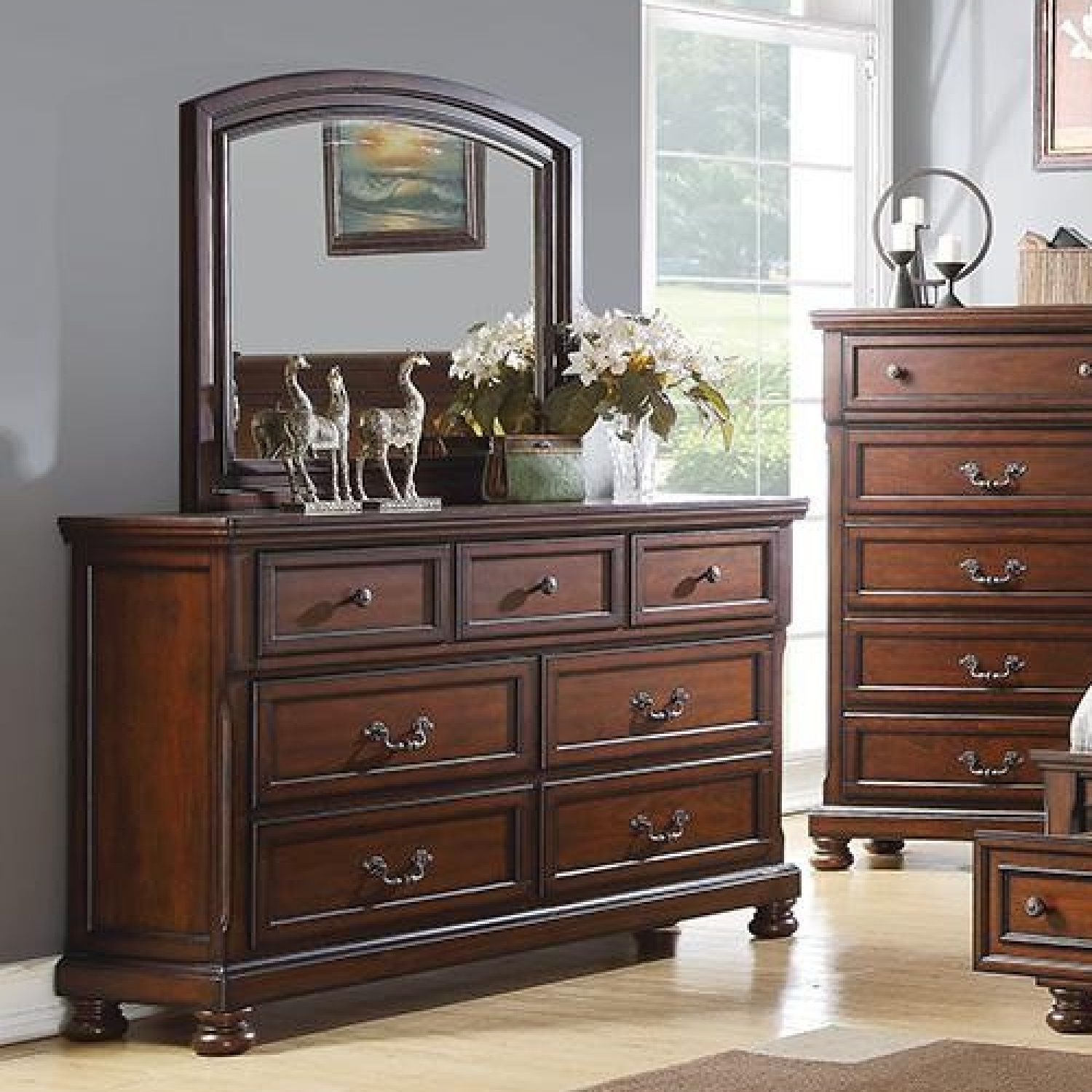 Dresser With 3 Small &amp; 4 Large Drawers, Round Knobs, Bedroom Furniture - Cherry