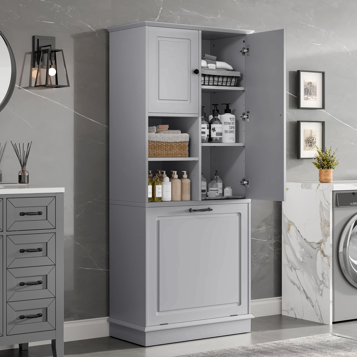 Modern Tall Storage Cabinet With Adjustable Shelves, Flip-Out Basket &amp; Enclosed Doors