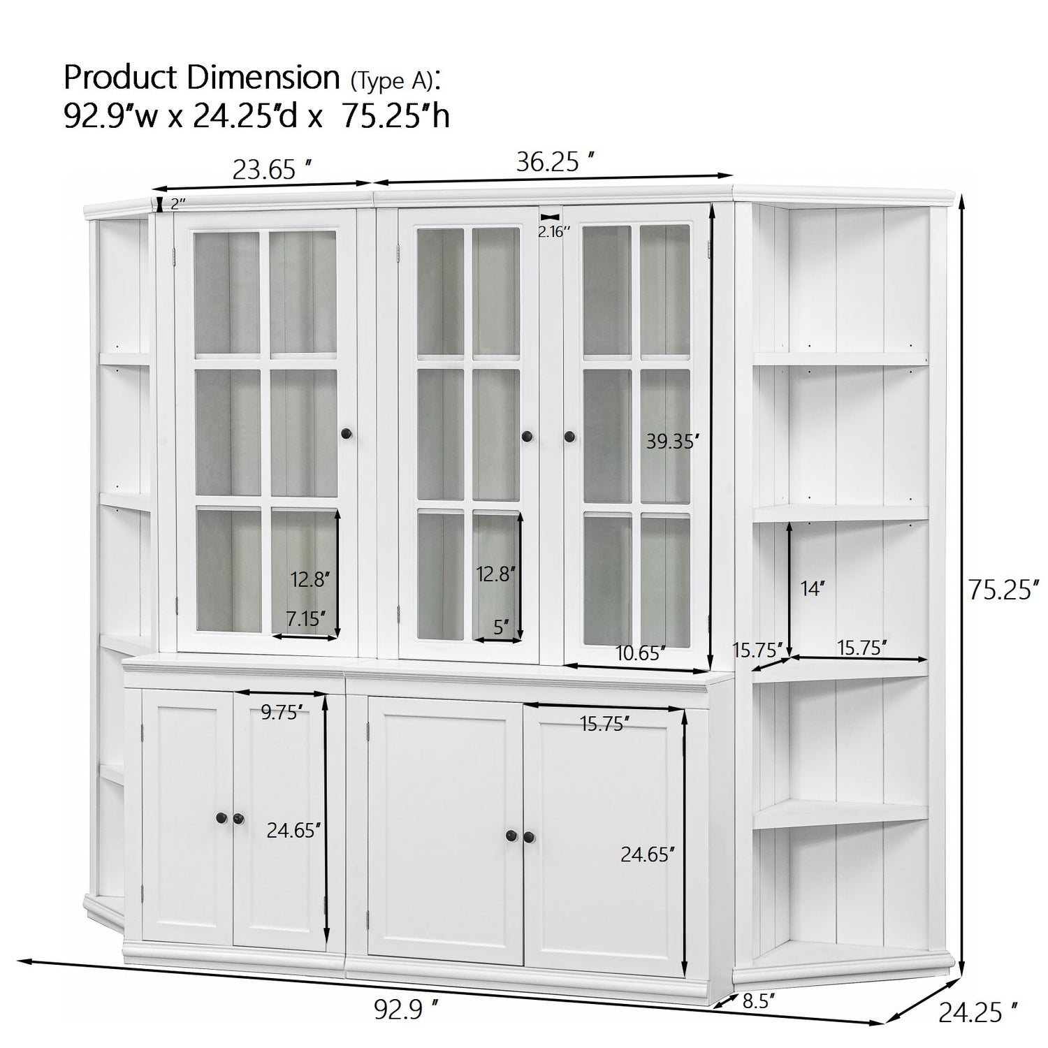 Retro Style Wall Suit With Glass Doors, 75.25&quot; Tall Display Cabinets &amp; Triangle Sided Bookshelves - White