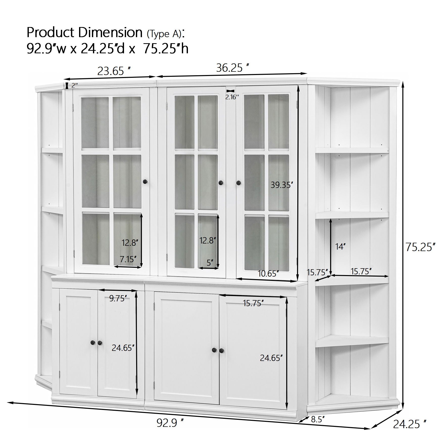 Retro Style Wall Suit With Glass Doors, 75.25&quot; Tall Display Cabinets &amp; Triangle Sided Bookshelves - White