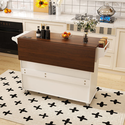 Kitchen Island Cart With Foldable Tabletop &amp; Drop Leaf Mobile Breakfast Bar With Wood Top And Storage - White / Walnut