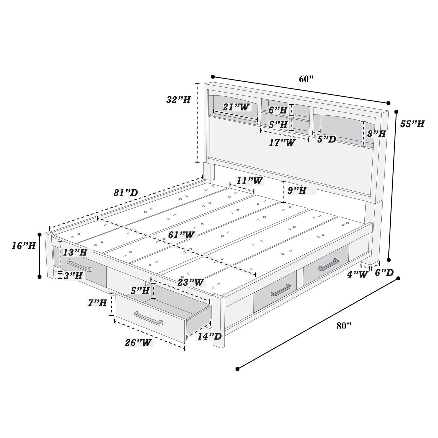 Transitional Bed With Smooth Gliding Drawers, Built In Lights, Open Headboard Shelves