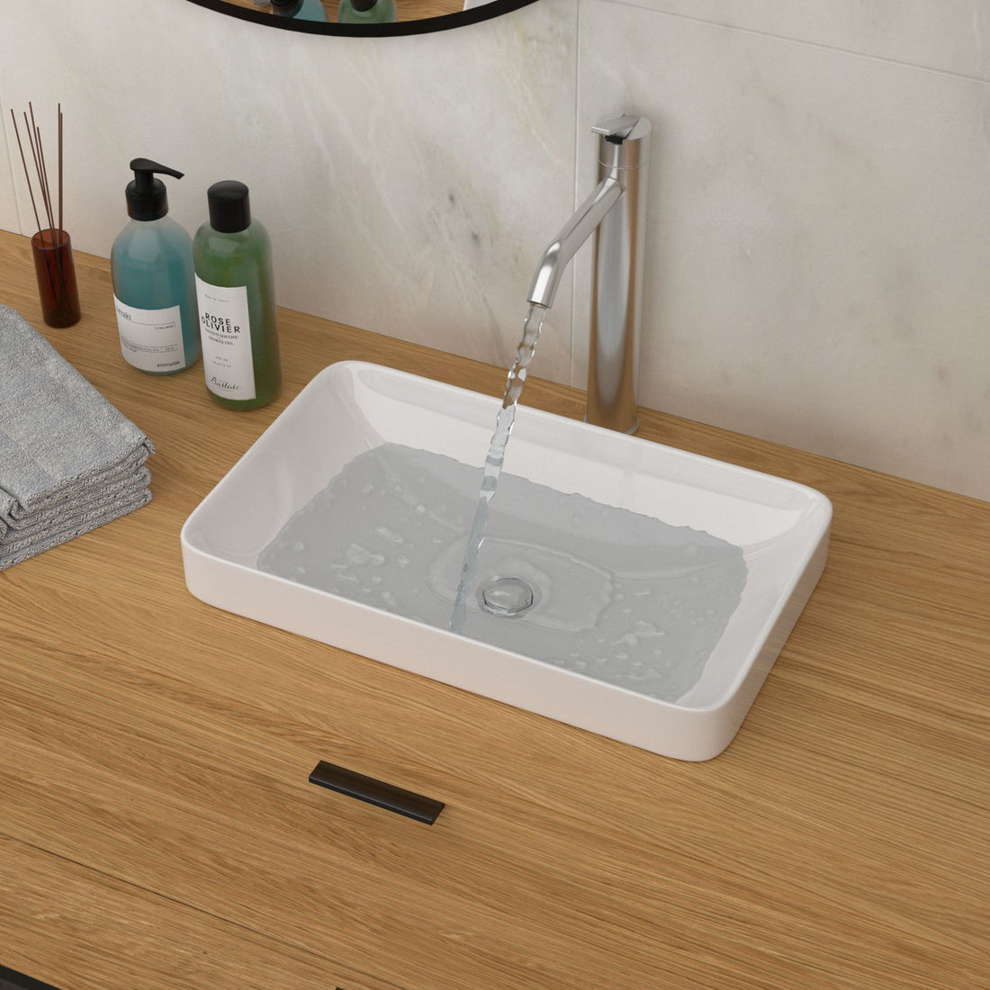 Semi Recessed Bathroom Sink With Countertop Vessel Design, 19&quot; X 12&quot; - White