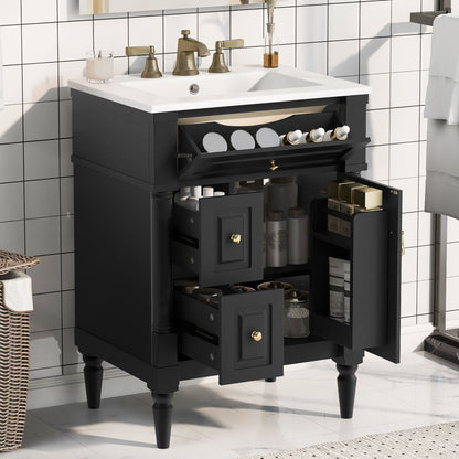 Freestanding Bathroom Vanity With Sink, Adjustable Shelf &amp; Flip Drawer