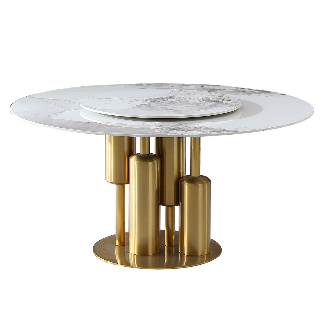 53&quot; Round Marble Dining Table With Lazy Susan, Dining Room, Dinette (Table Only) - Gold / Gold / White