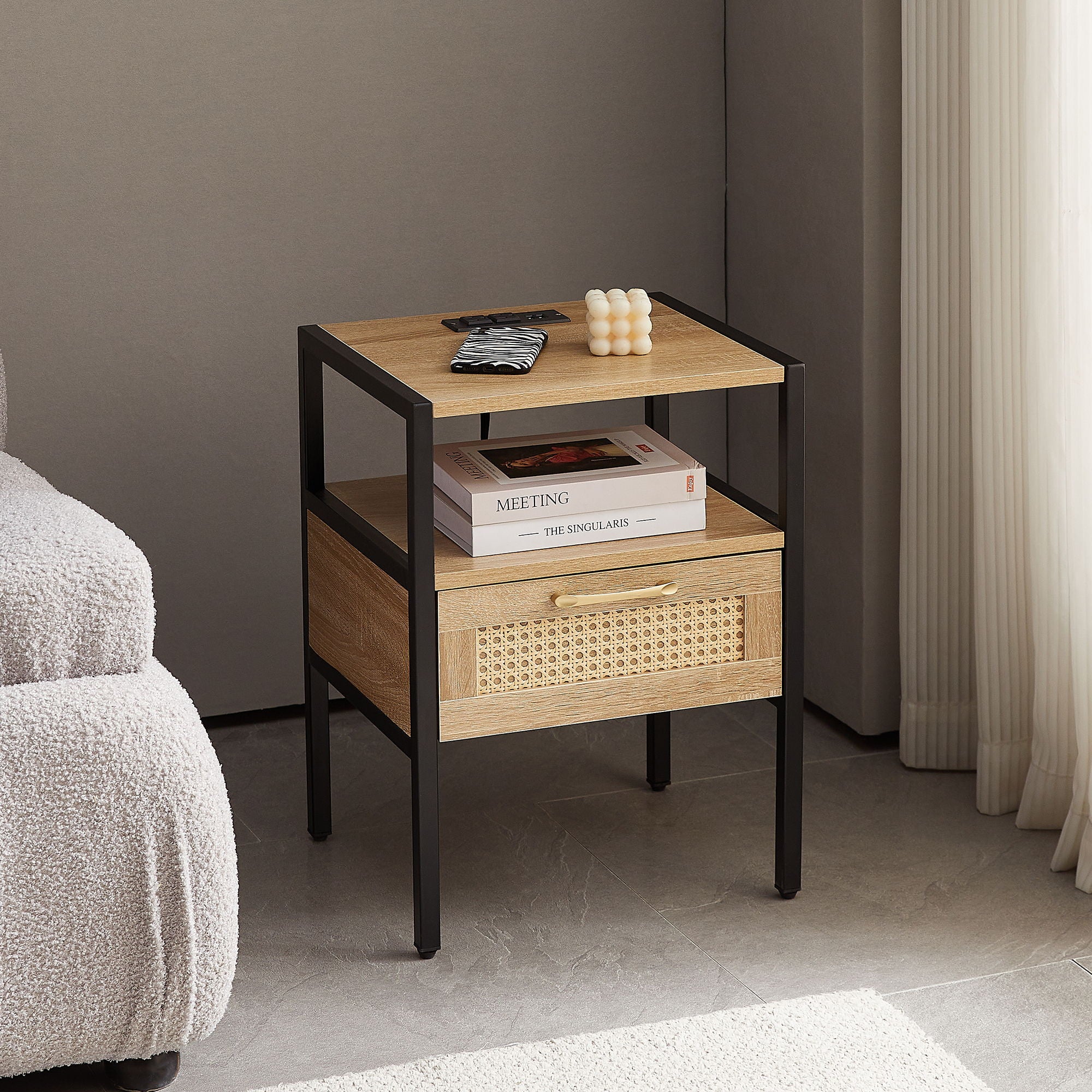 Rattan End Table With Power Outlet &amp; USB Ports, Modern Nightstand With Drawer And Metal Legs, Side Table For Living Room, Bedroom