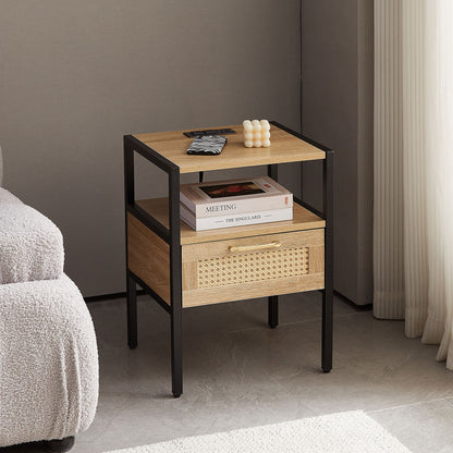 Rattan End Table With Power Outlet &amp; USB Ports, Modern Nightstand With Drawer And Metal Legs, Side Table For Living Room, Bedroom