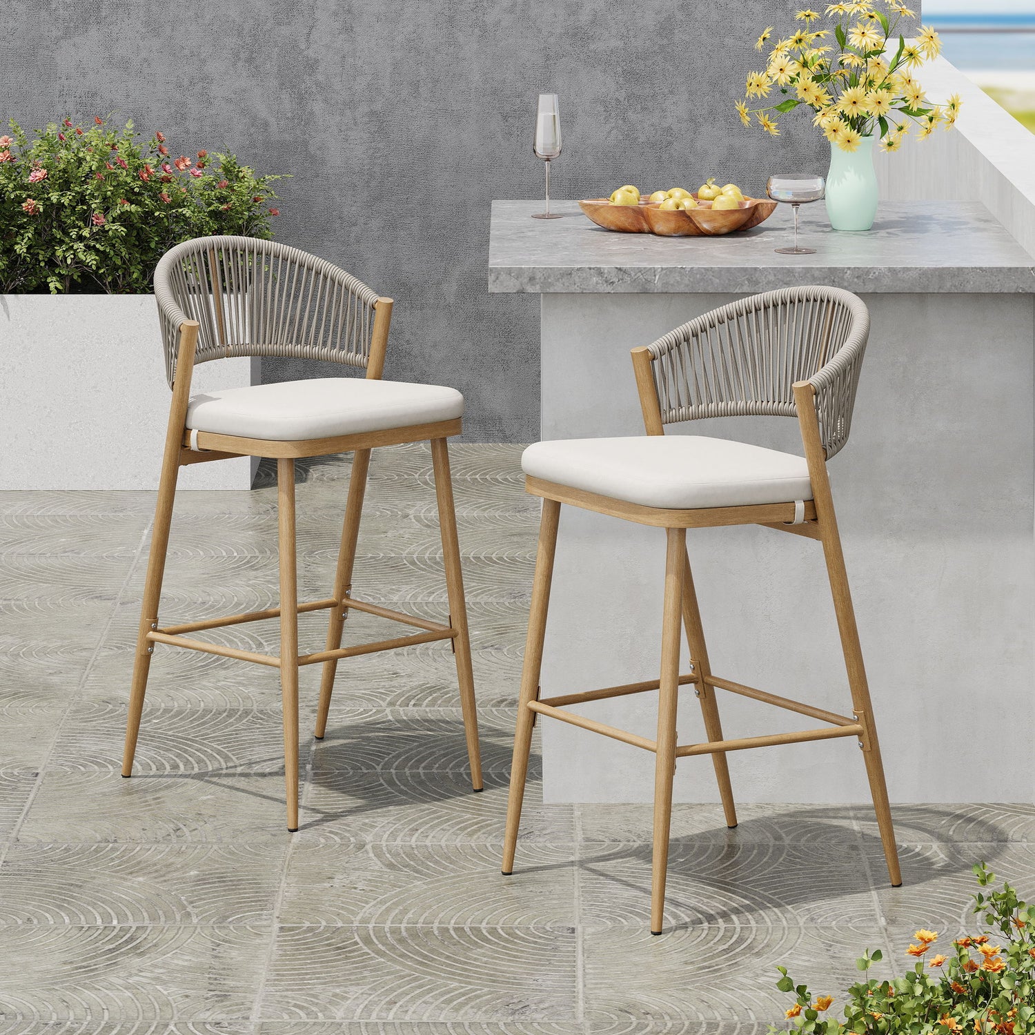 Outdoor Bar Height Metal Frame Counter Stools With Scallop Shaped Backrest &amp; Water Resistant Cushions