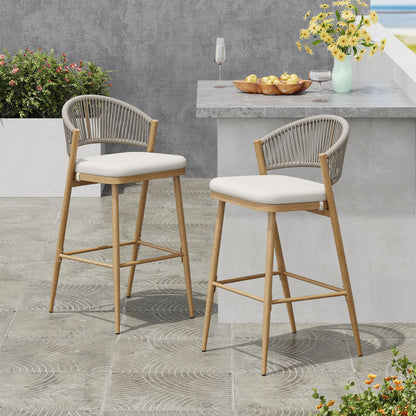 Outdoor Bar Height Metal Frame Counter Stools With Scallop Shaped Backrest &amp; Water Resistant Cushions
