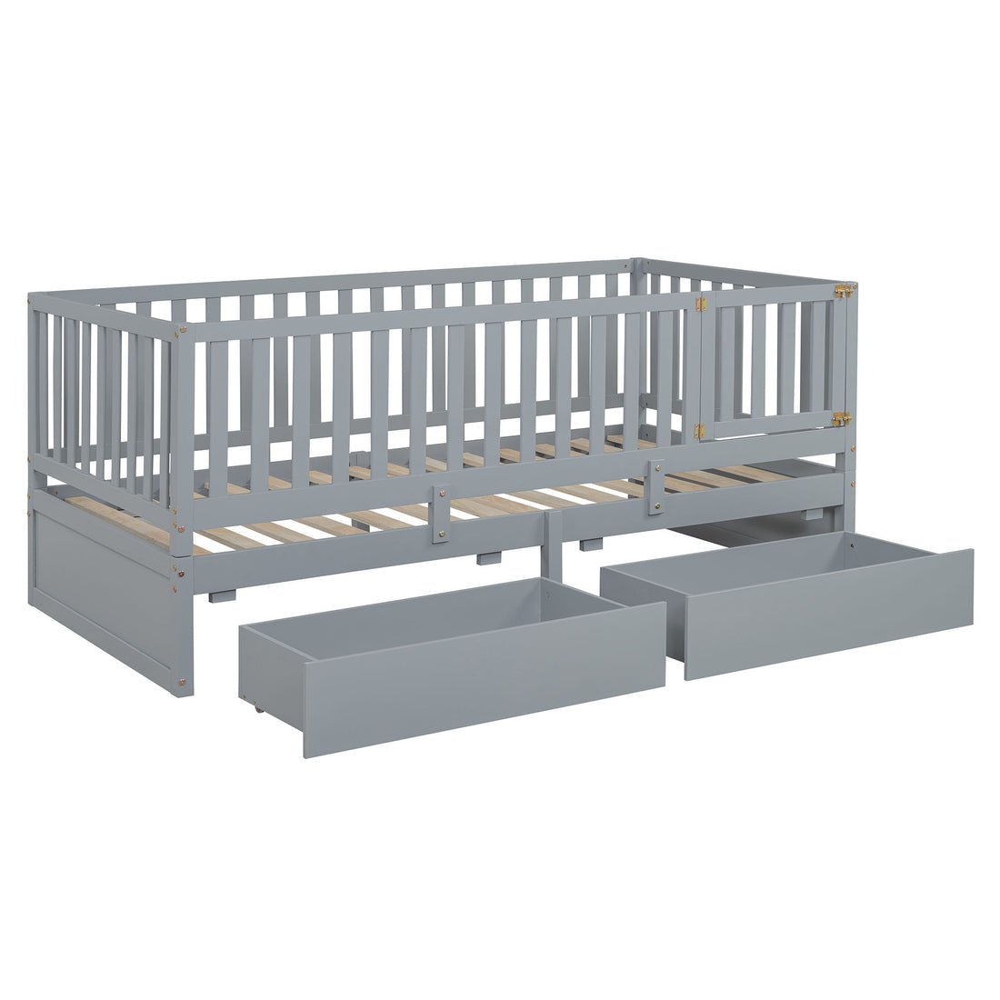 Daybed With Fence Guardrails And 2 Drawers, Split Into Independent Floor Bed &amp; Daybed