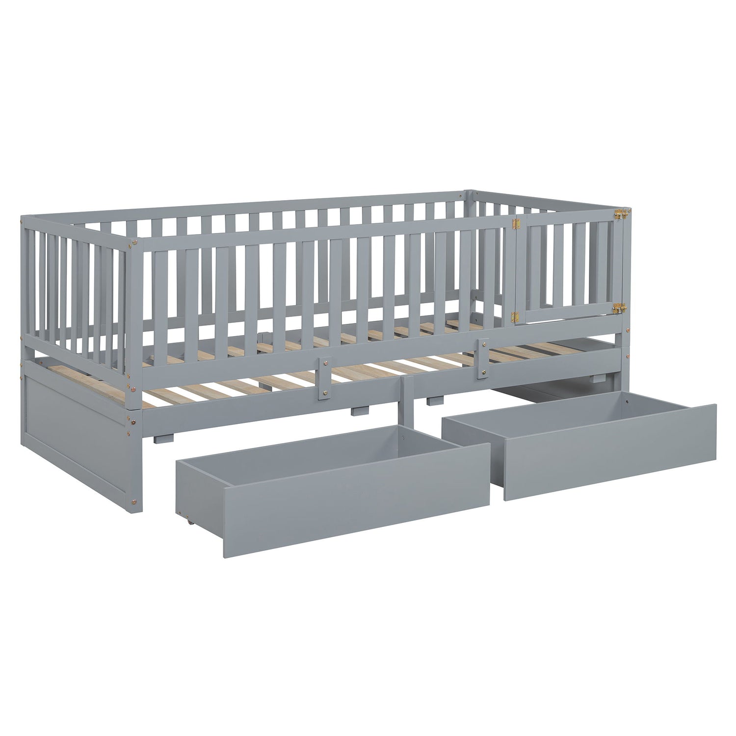 Daybed With Fence Guardrails And 2 Drawers, Split Into Independent Floor Bed &amp; Daybed