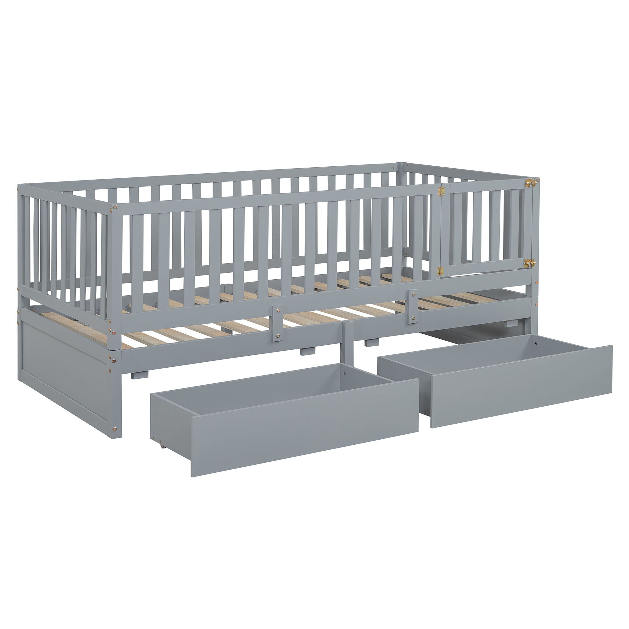 Daybed With Fence Guardrails And 2 Drawers, Split Into Independent Floor Bed &amp; Daybed