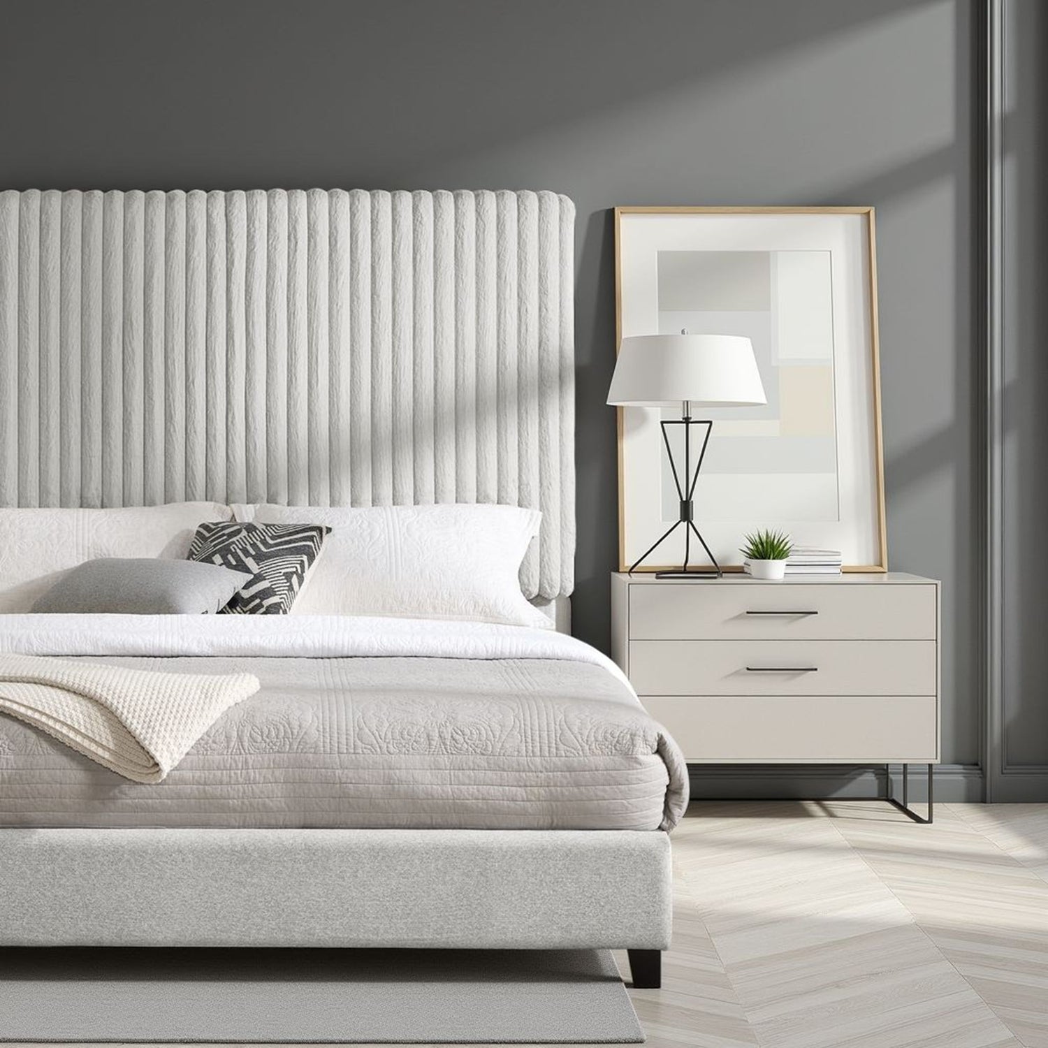 Queen Size Minky Stone Upholstered Platform Bed