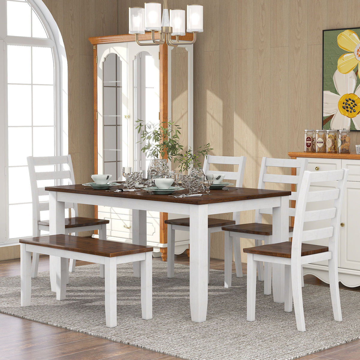 6 Piece Dining Set With 4 Upholstered Chairs &amp; Bench - Walnut
