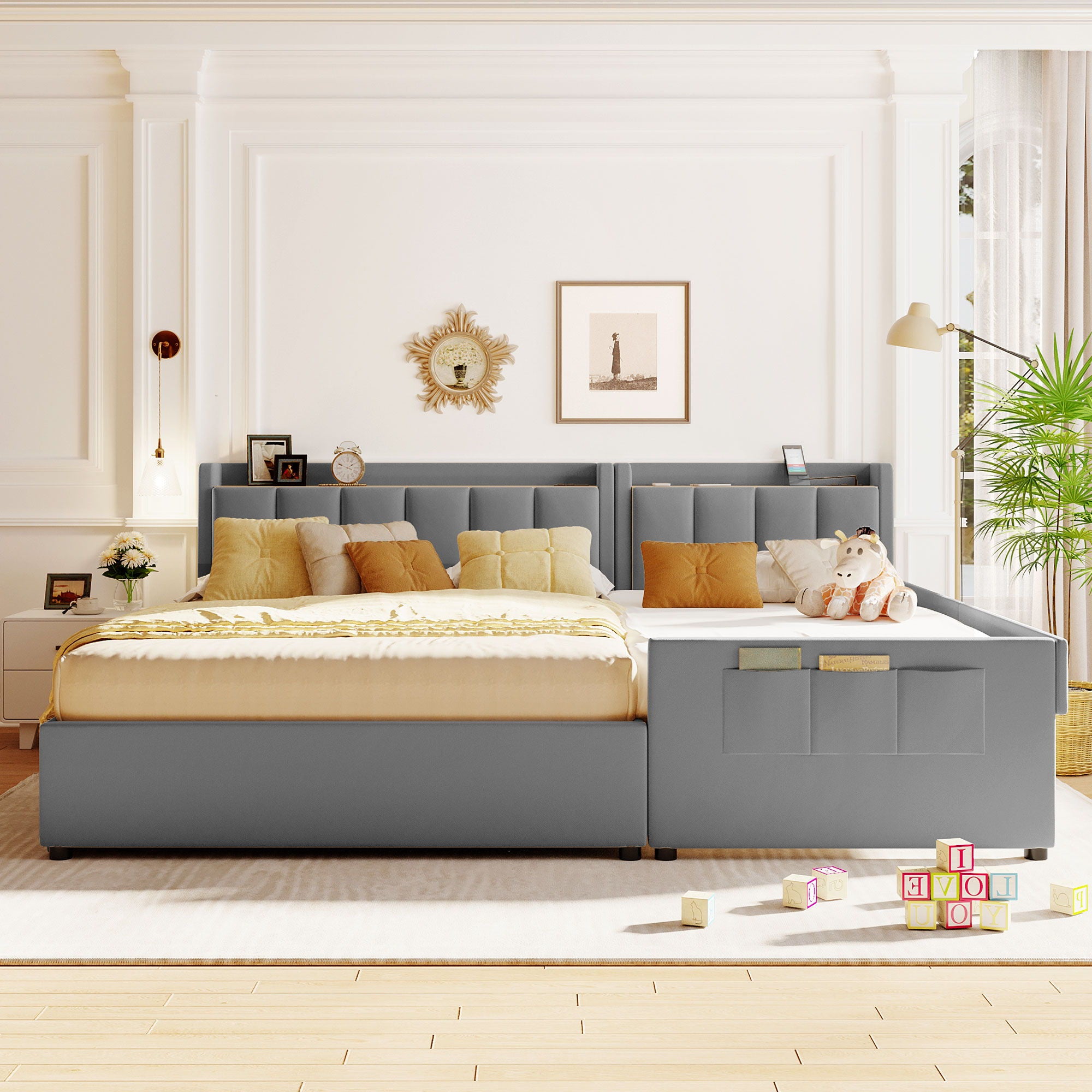 Upholstered Mother &amp; Child Bed With Hydraulic Storage System, Drawer Box, Bedhead Storage Shelf And 2 Pairs Of Sockets &amp; USB Ports