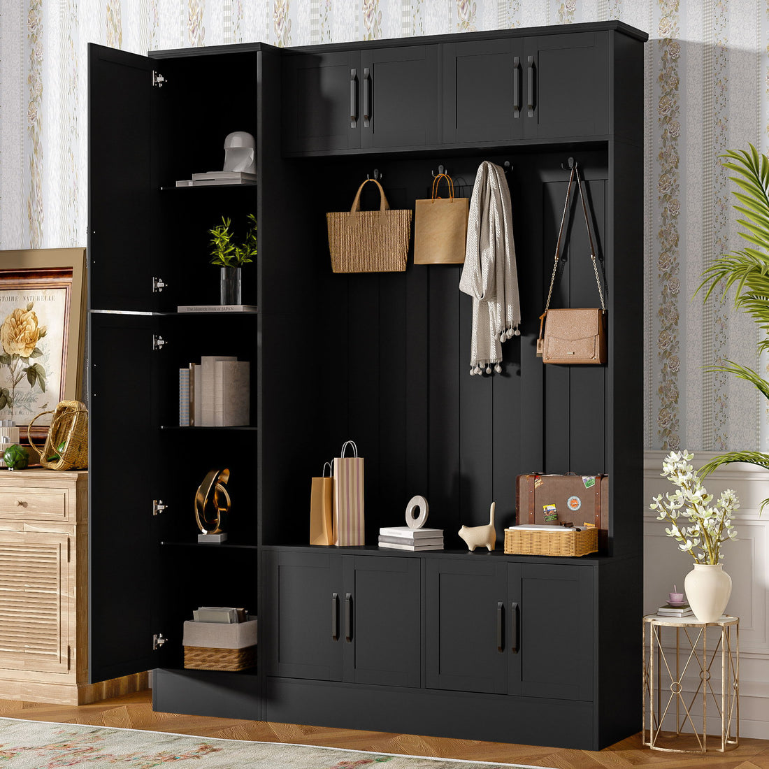 Tall Hall Tree With Shoe Storage, 4 In 1 Entryway Bench With 6 Cabinets, 4 Coat Hooks &amp; Adjustable Shelf For Hallway - Black