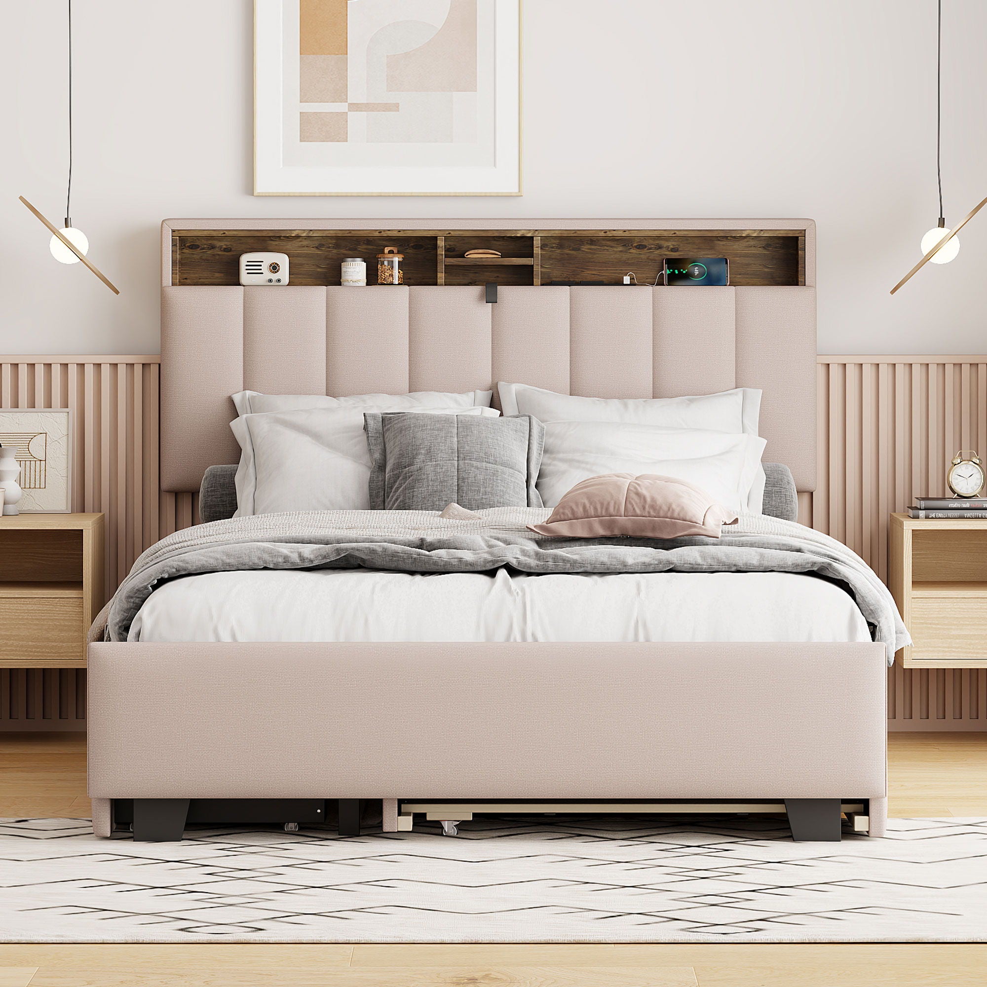 Upholstered Platform Bed With Storage Headboard, Trundle &amp; 2 Drawers And A Set Of Sockets &amp; USB Ports