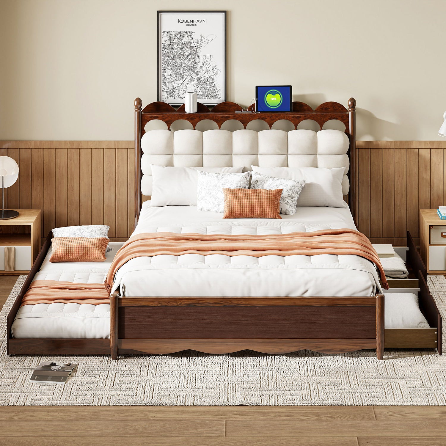 Storage Platform Bed, With 2 Big Drawers, Trundle, One Set Of Sockets &amp; USB Ports