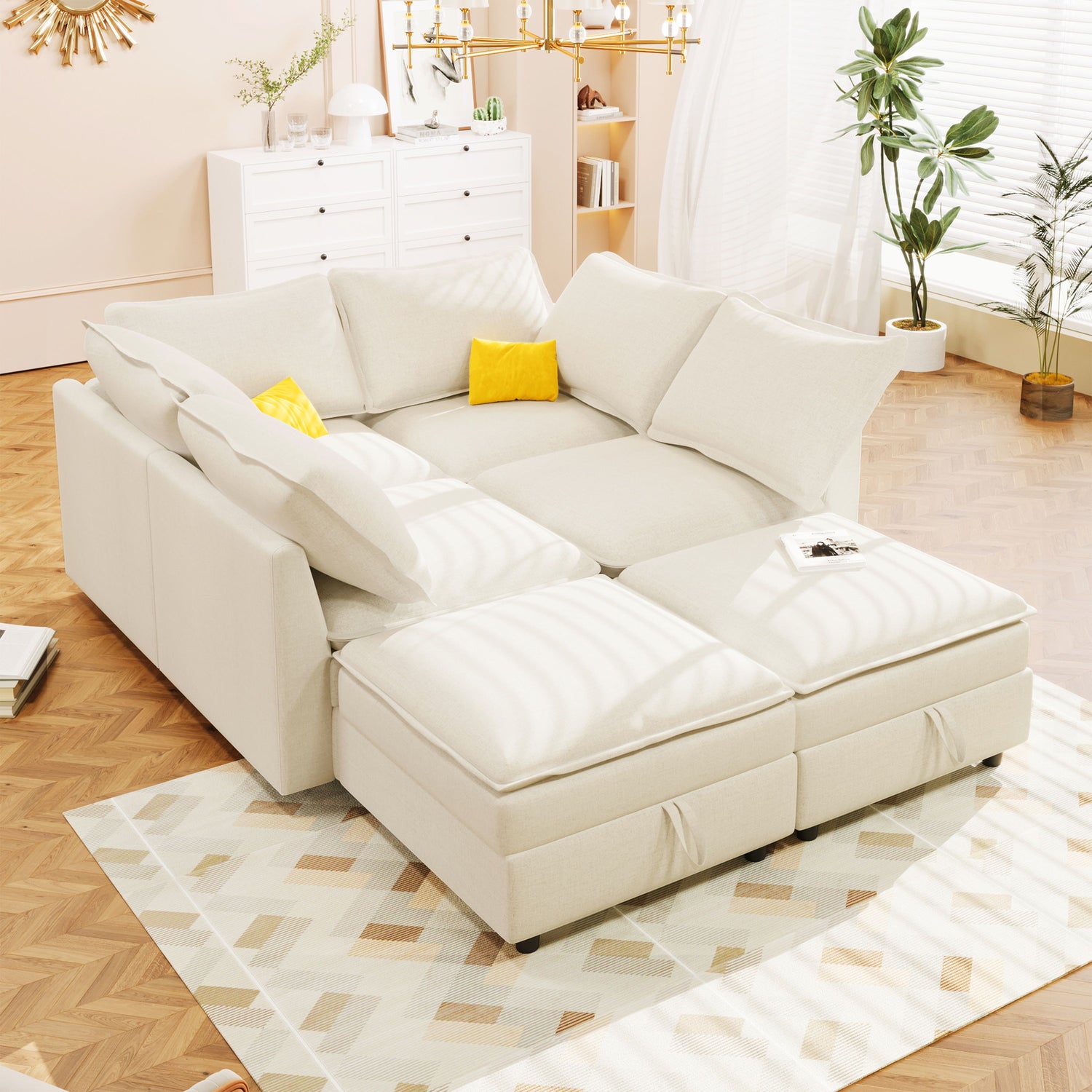 Versatile 6 Piece Modular Sofa Bed With Storage, Stylish Faux Double Layer Cushions, Comfortable &amp; Durable Design, Perfect For Any Living Space
