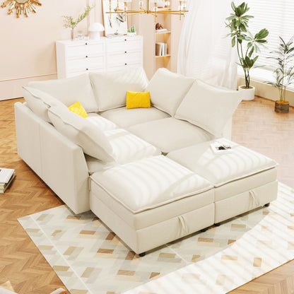 Versatile 6 Piece Modular Sofa Bed With Storage, Stylish Faux Double Layer Cushions, Comfortable &amp; Durable Design, Perfect For Any Living Space
