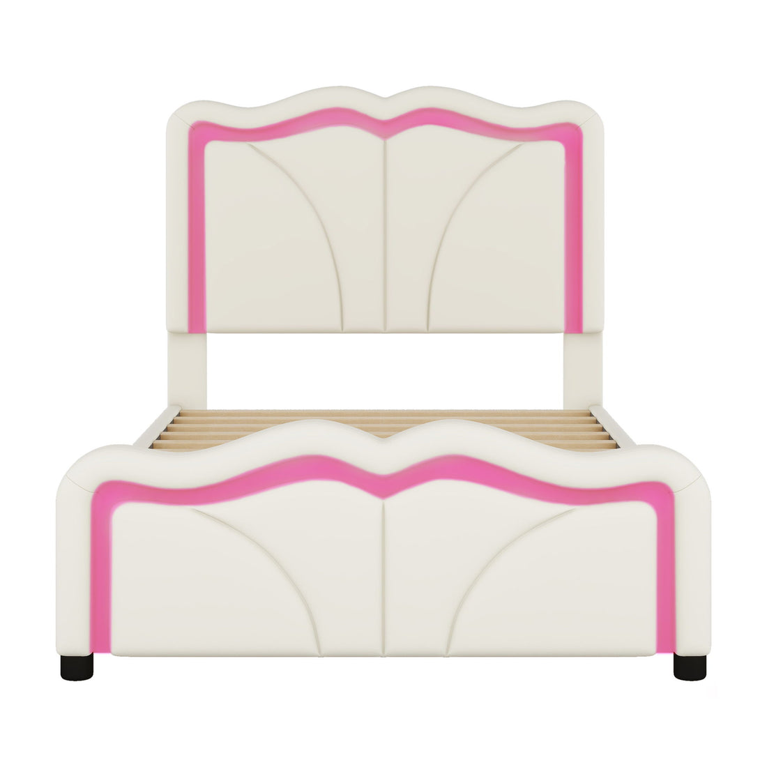 Upholstered Platform Bed &amp; Curve Shaped And Height Adjustable Headboard, LED Light Strips