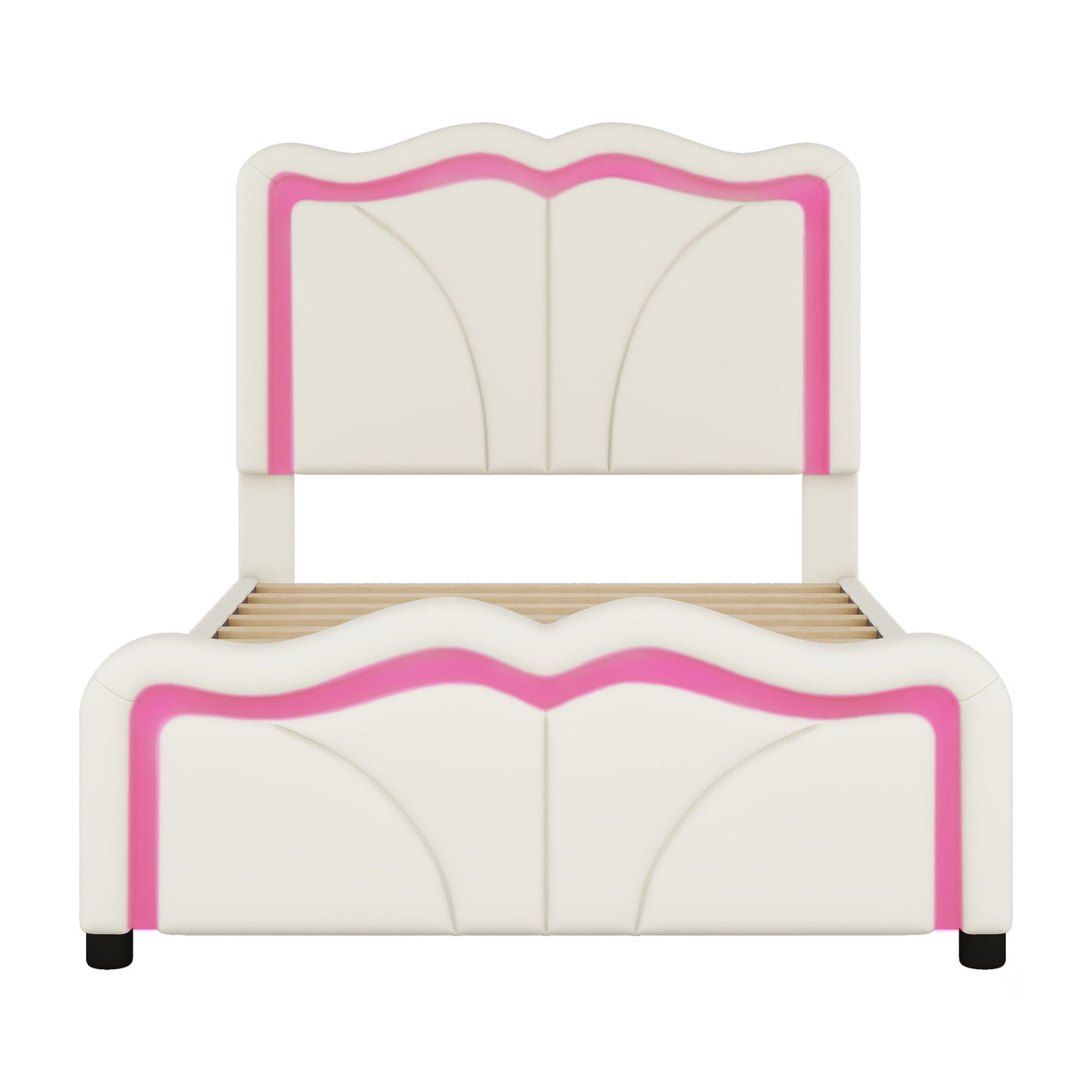 Upholstered Platform Bed &amp; Curve Shaped And Height Adjustable Headboard, LED Light Strips