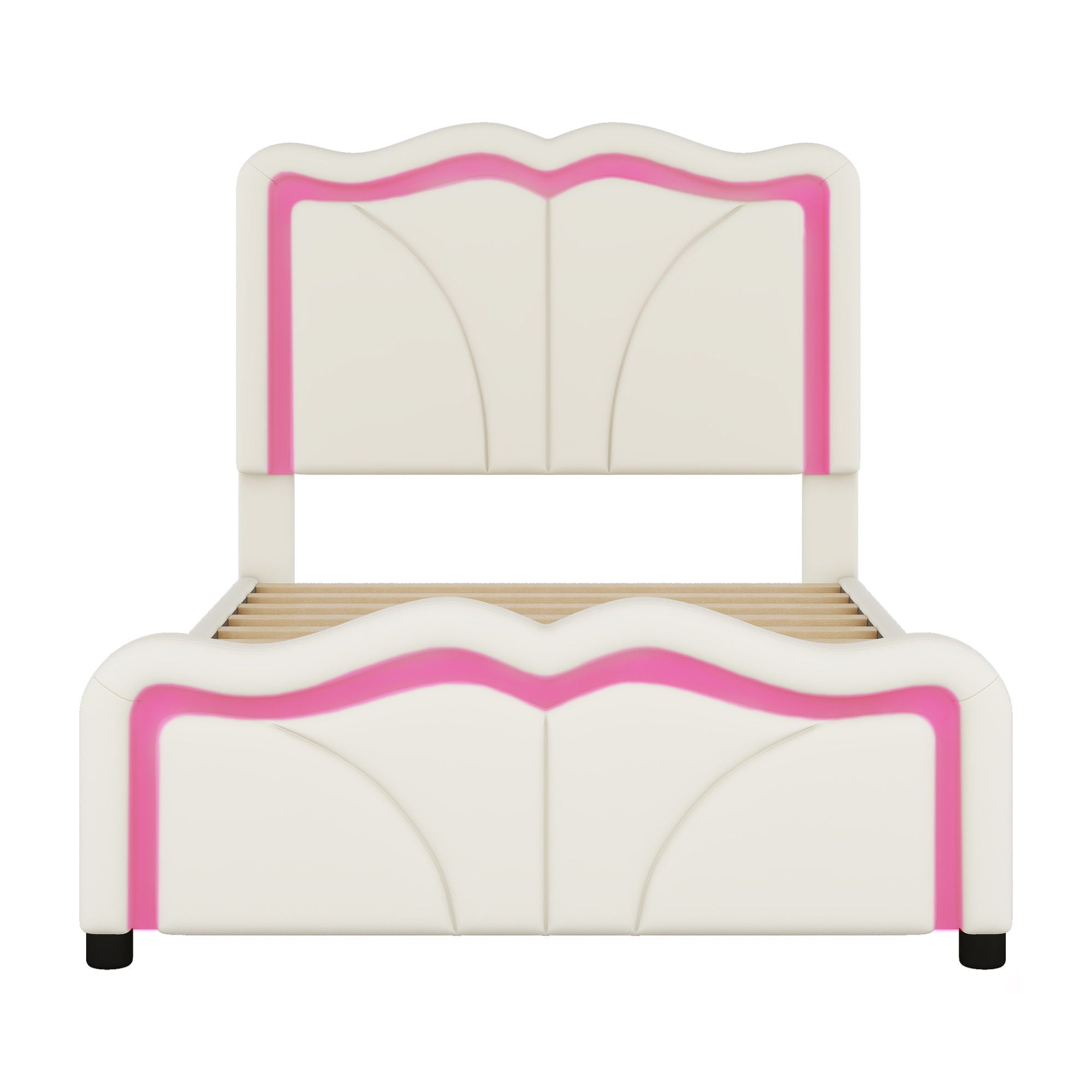 Upholstered Platform Bed &amp; Curve Shaped And Height Adjustable Headboard, LED Light Strips