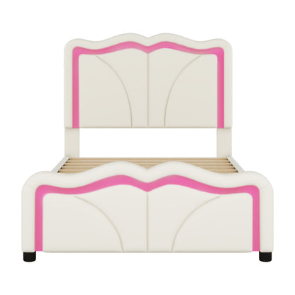 Upholstered Platform Bed &amp; Curve Shaped And Height Adjustable Headboard, LED Light Strips